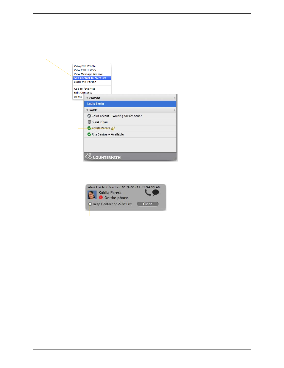 Adding contacts to the alert list (buddy pounce) | CounterPath Bria 3.5.2 for Mac User Guide - Retail Deployments User Manual | Page 46 / 88