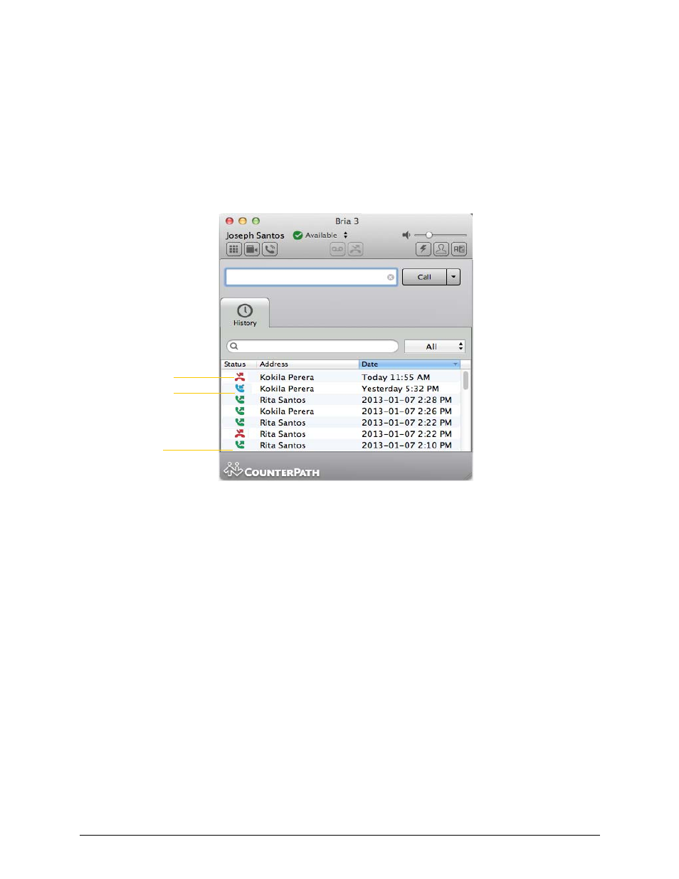 6 using other resources, 1 the history tab, Using other resources | The history tab, 6using other resources, Managing the list of calls, Phoning from history | CounterPath Bria 3.5.2 for Mac User Guide - Retail Deployments User Manual | Page 49 / 88