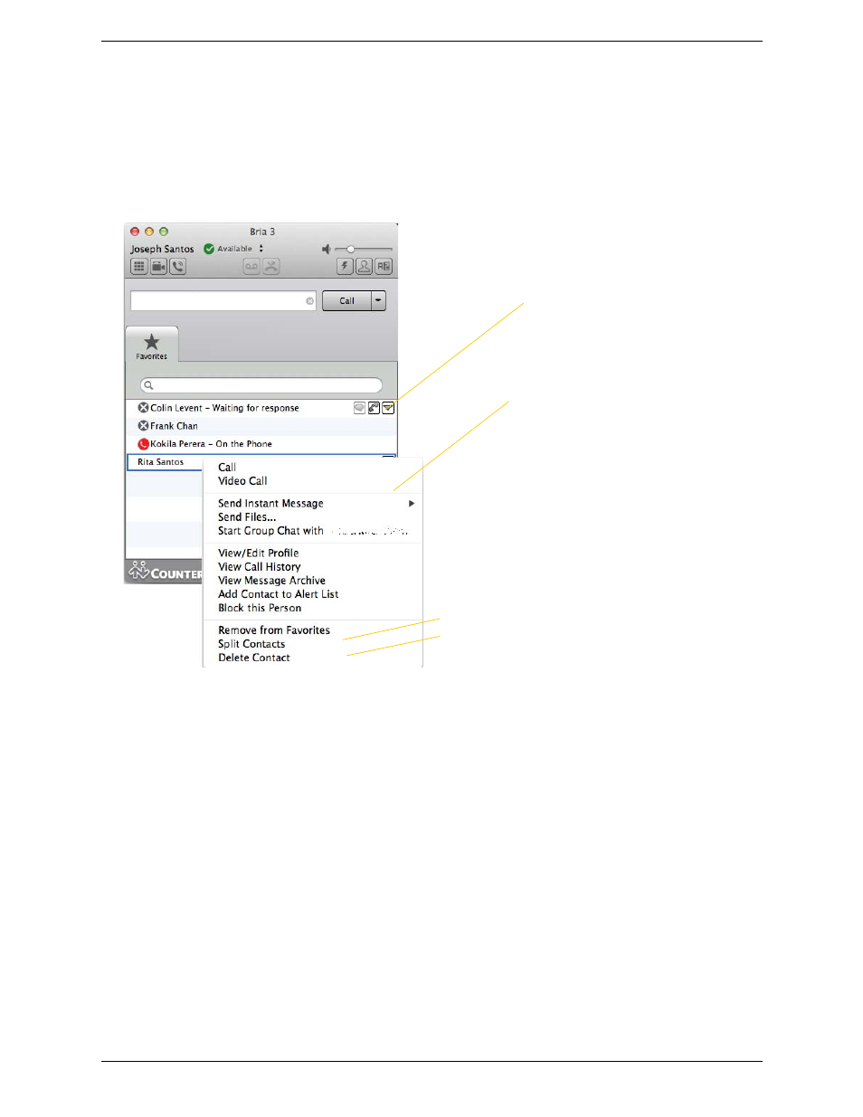2 the favorites tab, The favorites tab | CounterPath Bria 3.5.2 for Mac User Guide - Retail Deployments User Manual | Page 50 / 88