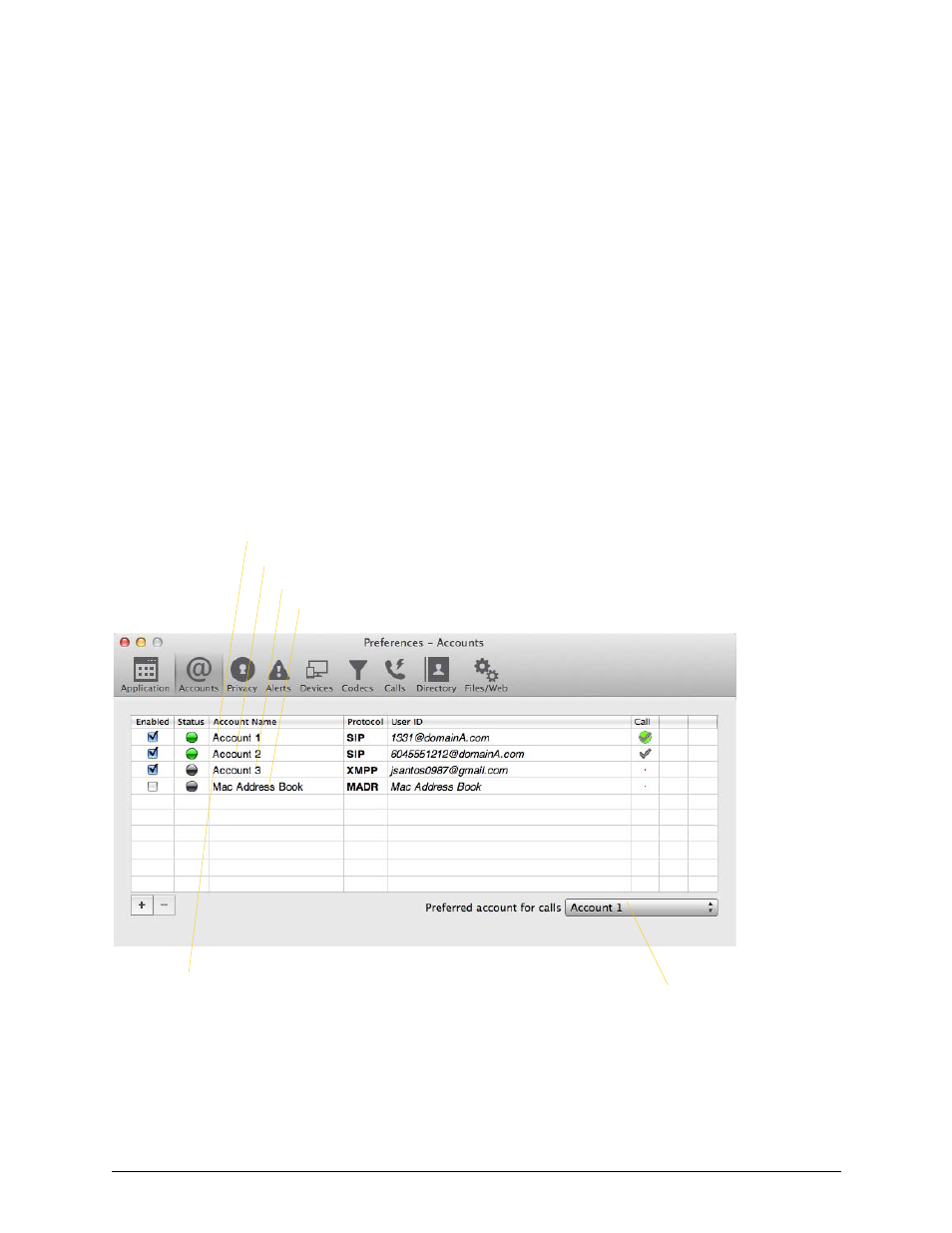 7 configuring bria, 1 configuring accounts: the accounts tab, Configuring bria | Configuring accounts: the accounts tab, 7configuring bria | CounterPath Bria 3.5.2 for Mac User Guide - Retail Deployments User Manual | Page 51 / 88
