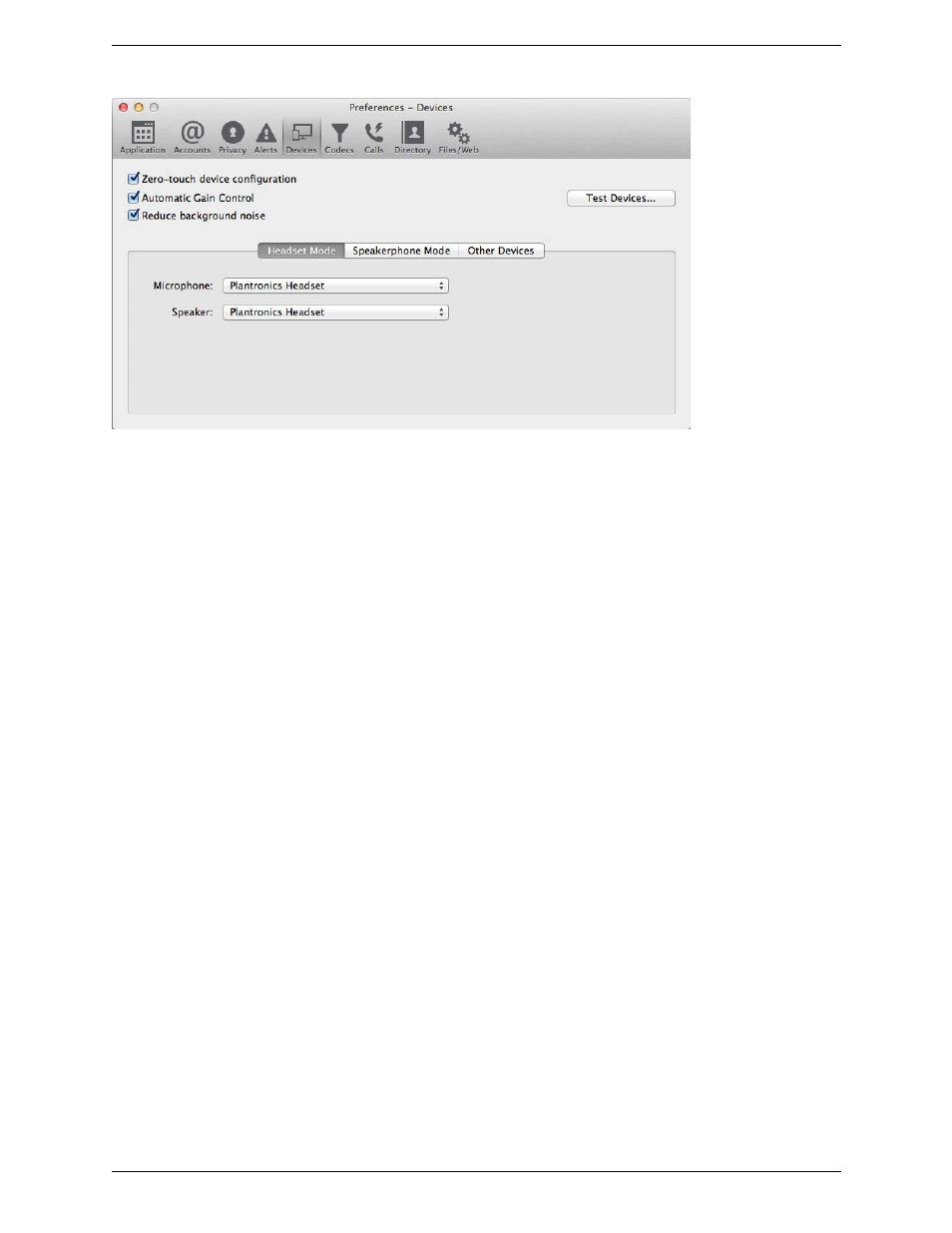 Preferences – devices | CounterPath Bria 3.5.2 for Mac User Guide - Retail Deployments User Manual | Page 68 / 88