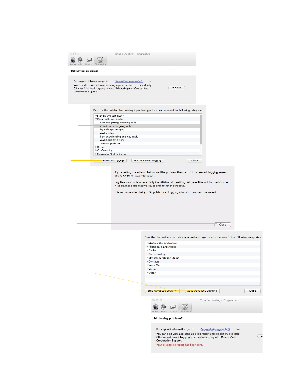 Diagnostics | CounterPath Bria 3.5.2 for Mac User Guide - Retail Deployments User Manual | Page 80 / 88