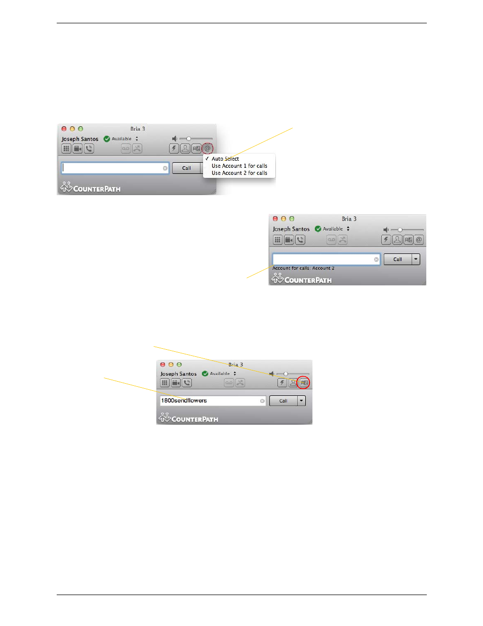 Selecting the account to use, Letters to numbers | CounterPath Bria 3.5.1 for Mac User Guide - Enterprise Deployments User Manual | Page 17 / 76