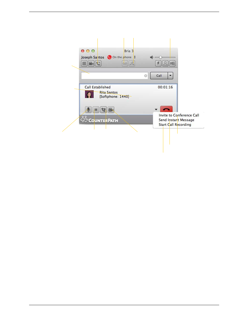 4 handling an established call, Handling an established call, Ending a call | CounterPath Bria 3.5.1 for Mac User Guide - Enterprise Deployments User Manual | Page 20 / 76