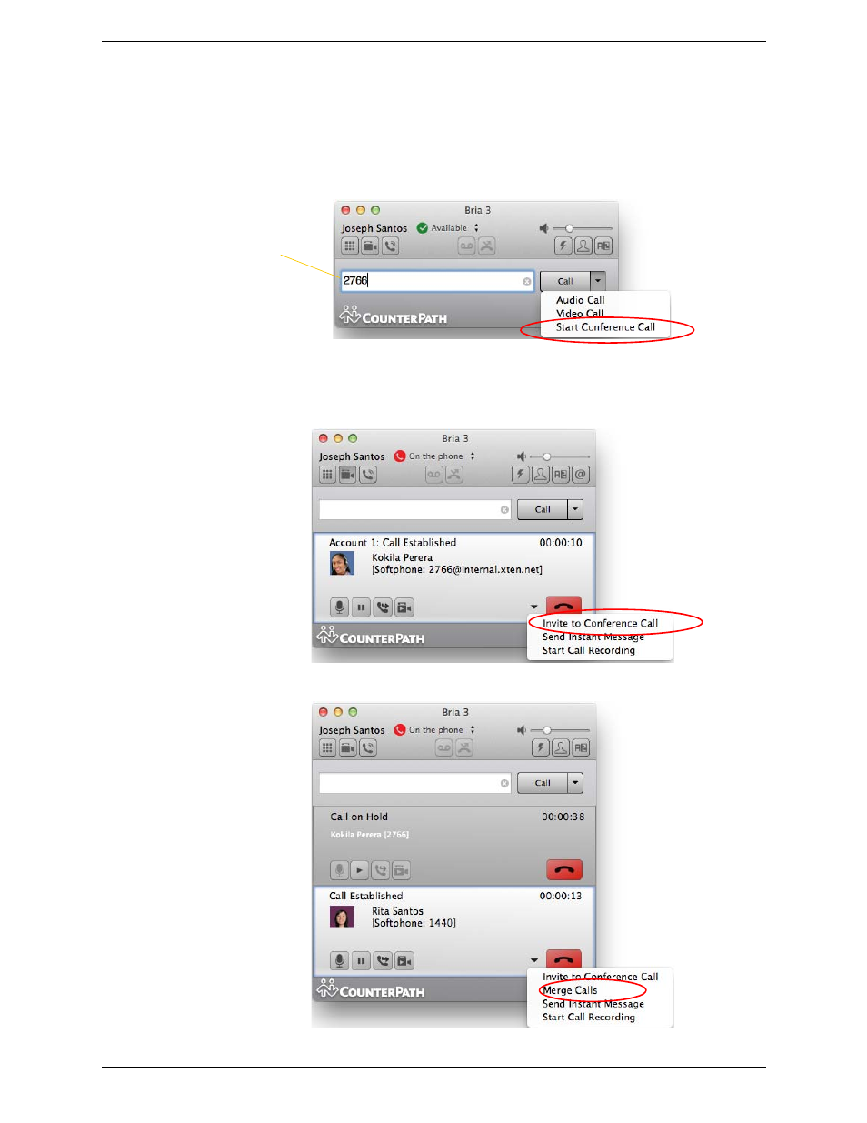 7 conference calls, Conference calls, Starting a conference call | CounterPath Bria 3.5.1 for Mac User Guide - Enterprise Deployments User Manual | Page 25 / 76