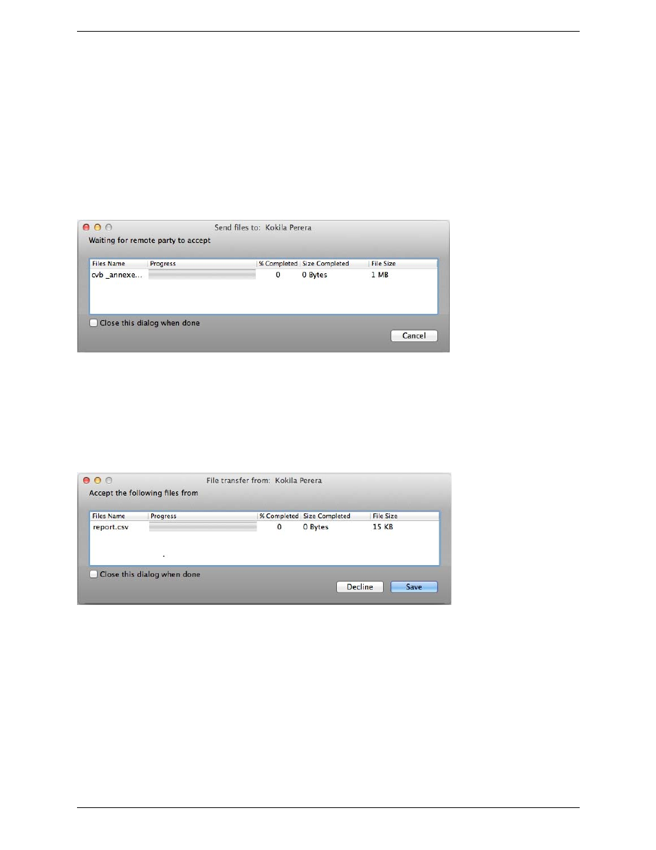 6 sending and receiving files, Sending and receiving files, Sending files | Receiving files | CounterPath Bria 3.5.1 for Mac User Guide - Enterprise Deployments User Manual | Page 36 / 76