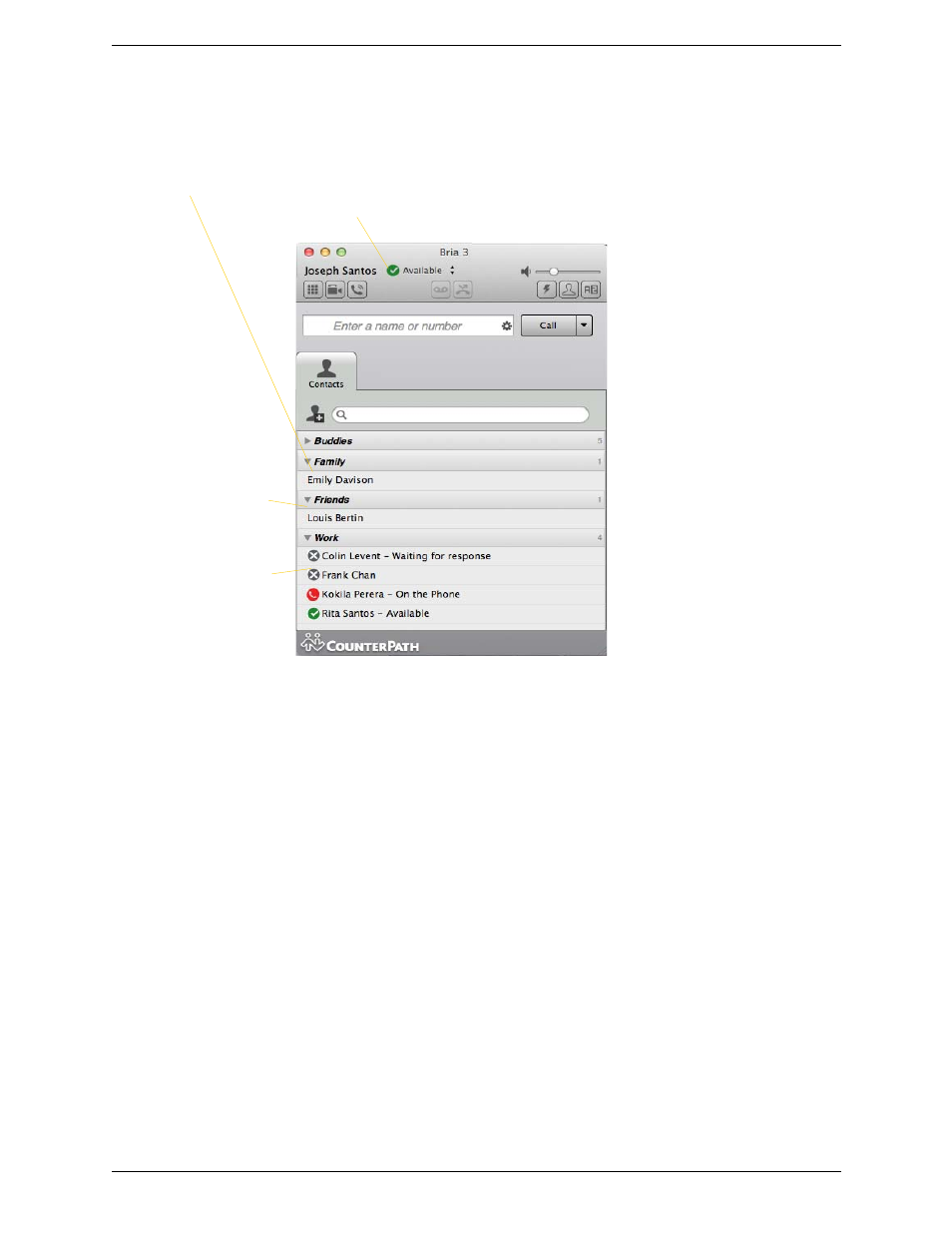 4 sharing online status, Sharing online status | CounterPath Bria 3.5.1 for Mac User Guide - Enterprise Deployments User Manual | Page 47 / 76