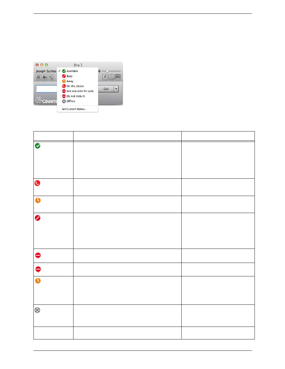 Setting your online status, Changing your status, Setting up online status indicators | CounterPath Bria 3.5.1 for Mac User Guide - Enterprise Deployments User Manual | Page 49 / 76