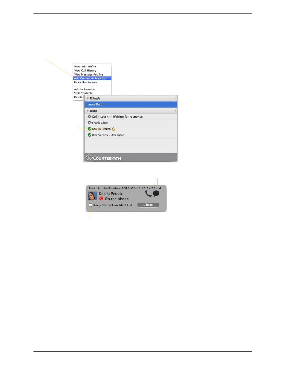 Adding contacts to the alert list (buddy pounce) | CounterPath Bria 3.5.1 for Mac User Guide - Enterprise Deployments User Manual | Page 50 / 76