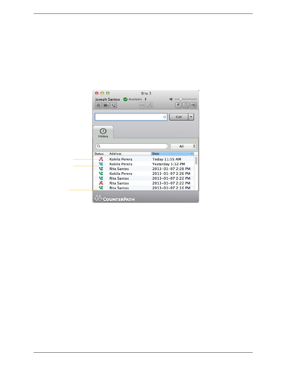 6 using other resources, 1 the history tab, Using other resources | The history tab, 6using other resources, Managing the list of calls, Phoning from history | CounterPath Bria 3.5.1 for Mac User Guide - Enterprise Deployments User Manual | Page 53 / 76