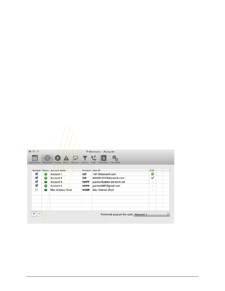 7 configuring bria, 1 configuring accounts: the accounts tab, Configuring bria | Configuring accounts: the accounts tab, 7configuring bria | CounterPath Bria 3.5.1 for Mac User Guide - Enterprise Deployments User Manual | Page 57 / 76