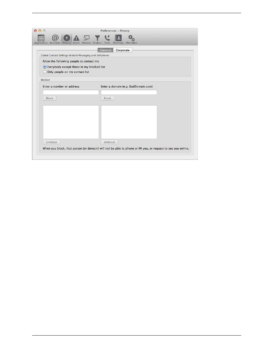 Preferences – privacy | CounterPath Bria 3.5.1 for Mac User Guide - Enterprise Deployments User Manual | Page 63 / 76