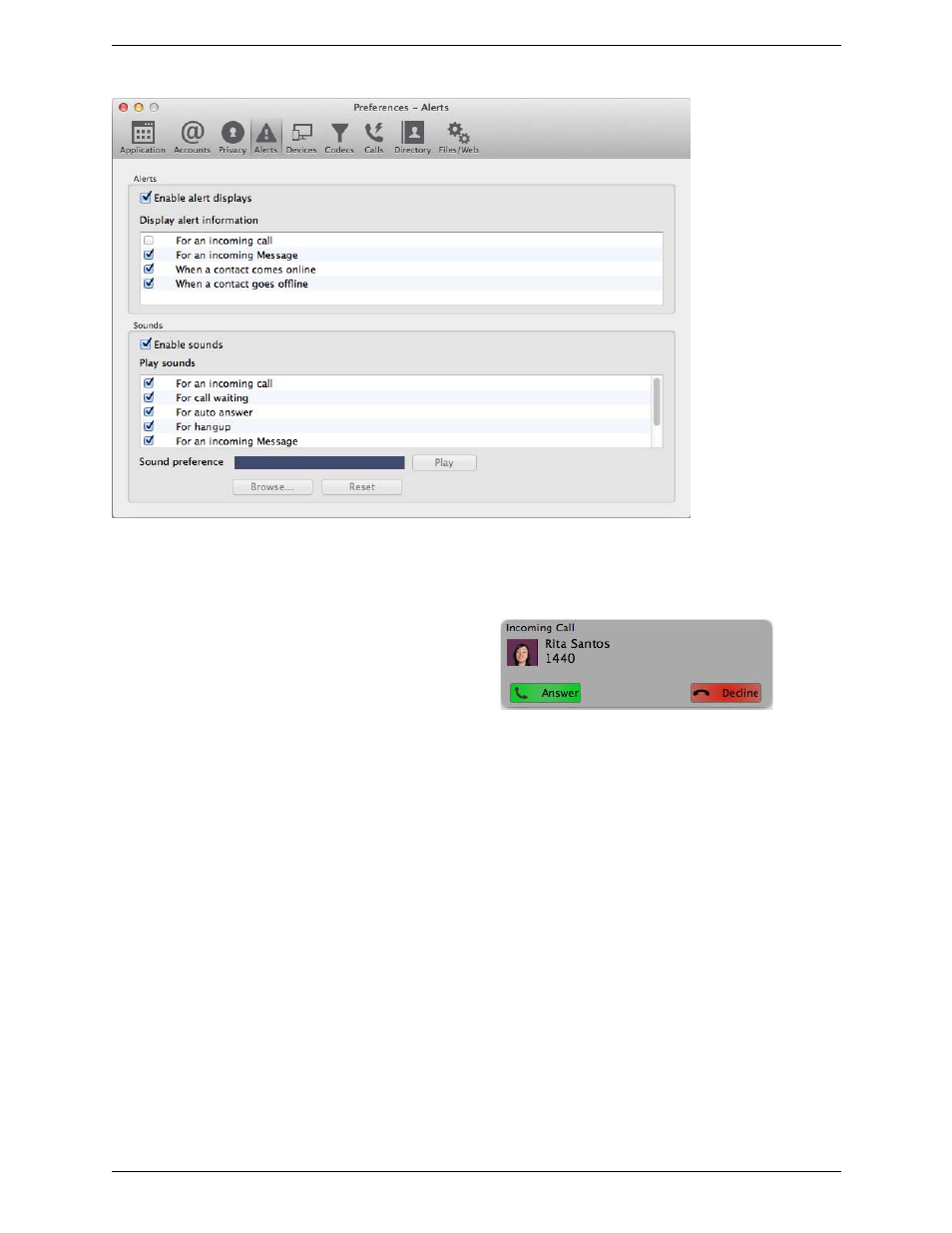 Preferences – alerts & sounds | CounterPath Bria 3.5.1 for Mac User Guide - Enterprise Deployments User Manual | Page 64 / 76