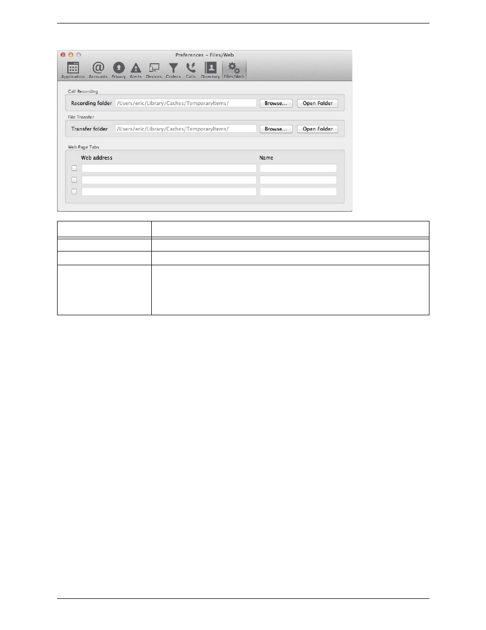 Preferences – files/web | CounterPath Bria 3.5.1 for Mac User Guide - Enterprise Deployments User Manual | Page 69 / 76