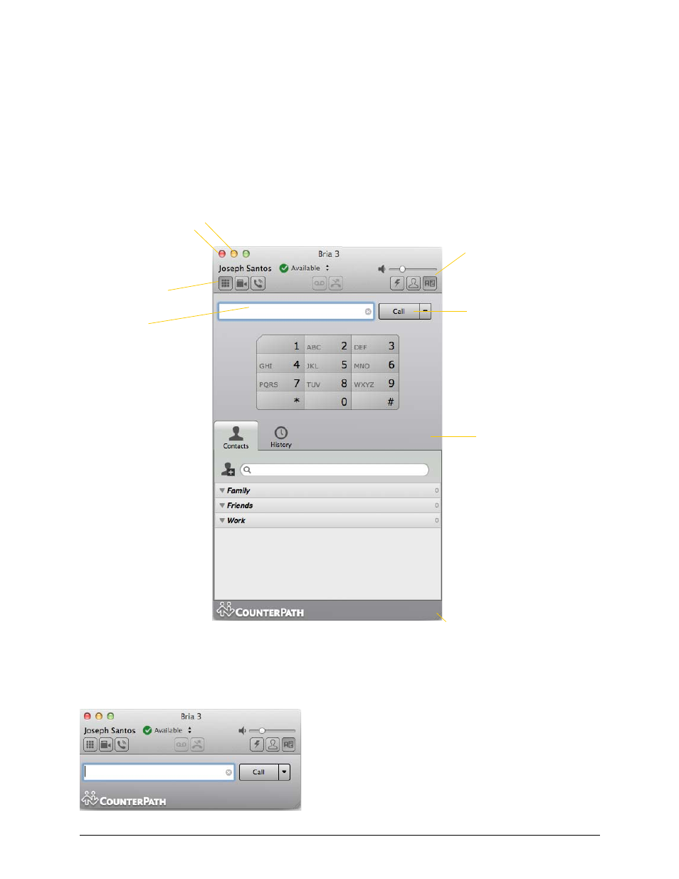 3 making phone calls, 1 the onscreen softphone, Making phone calls | The onscreen softphone, 3making phone calls | CounterPath Bria 3.5.1 for Mac User Guide - Retail Deployments User Manual | Page 13 / 88