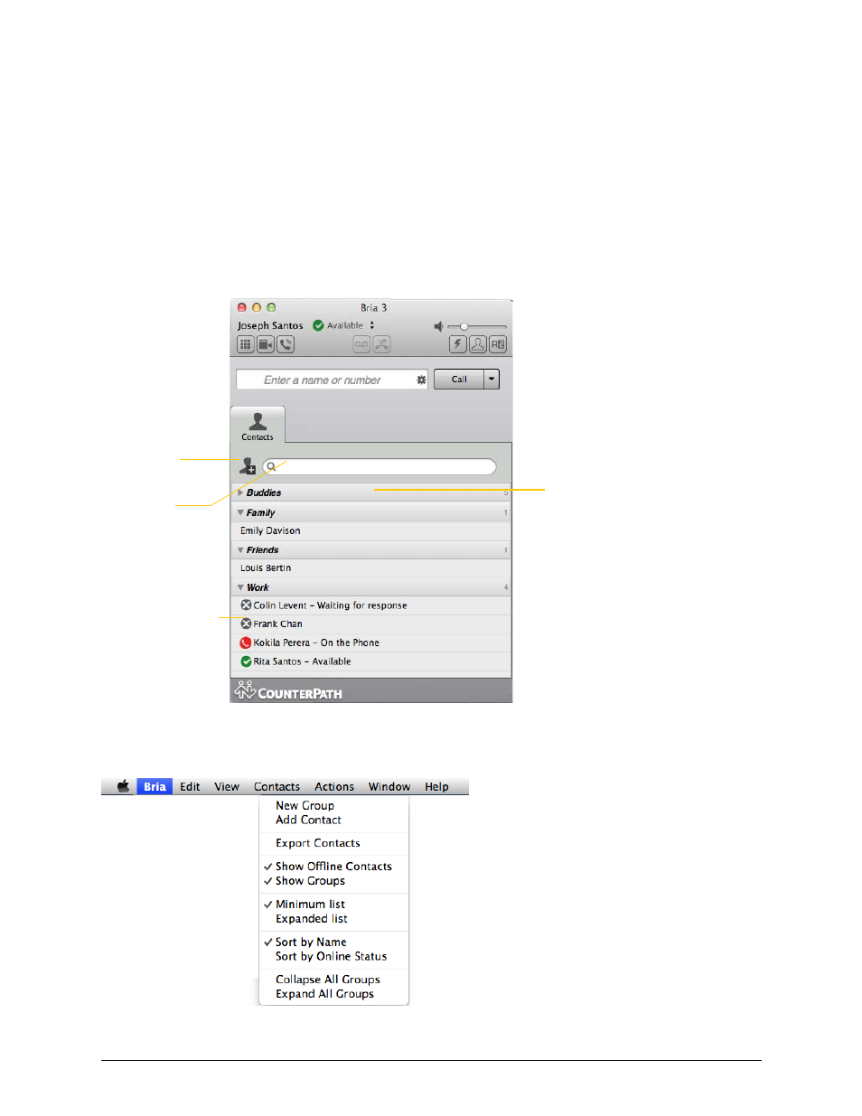 5 the contacts tab, The contacts tab, 5the contacts tab | CounterPath Bria 3.5.1 for Mac User Guide - Retail Deployments User Manual | Page 35 / 88