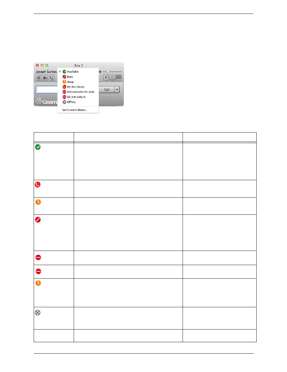 Setting your online status, Changing your status, Setting up online status indicators | CounterPath Bria 3.5.1 for Mac User Guide - Retail Deployments User Manual | Page 45 / 88