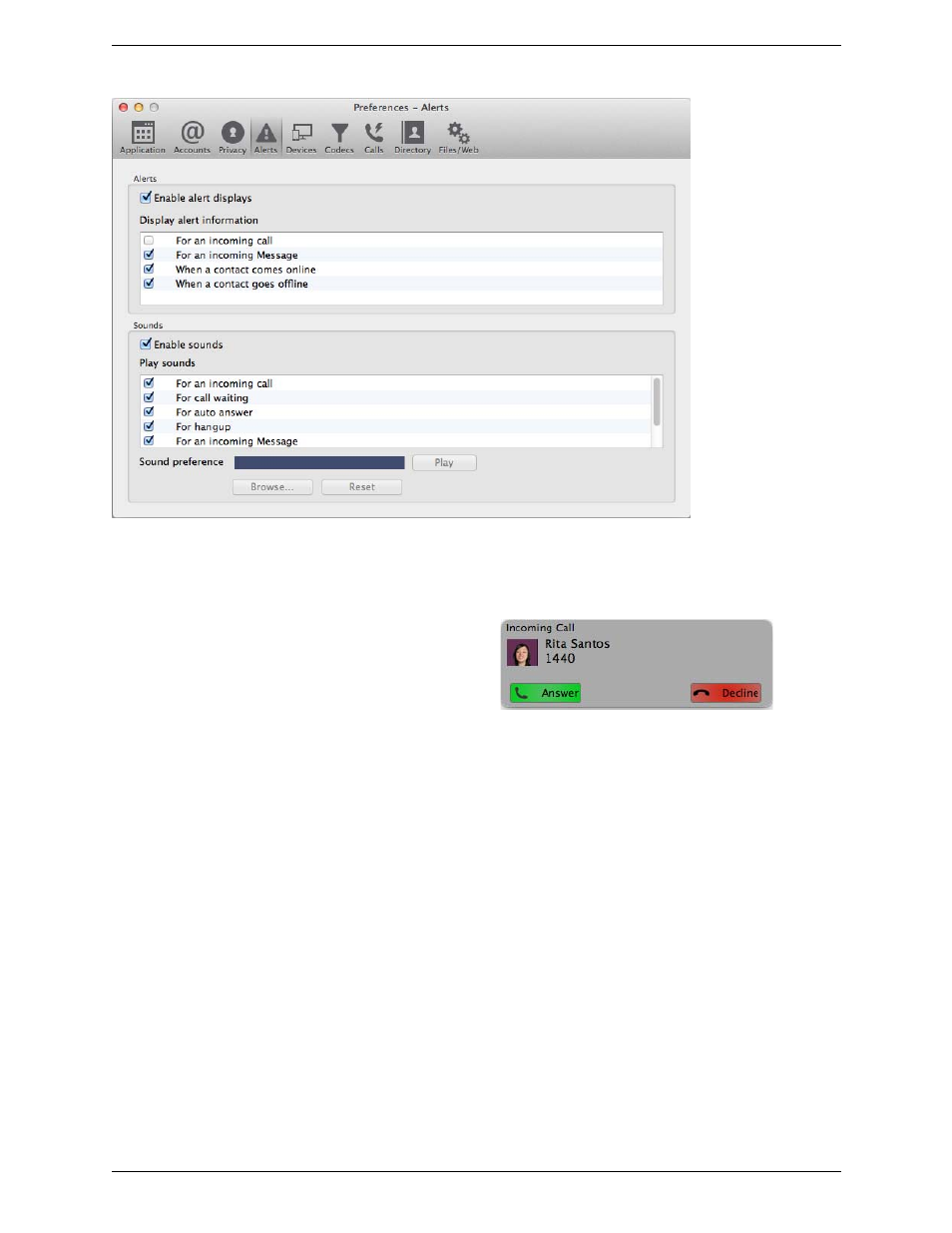 Preferences – alerts & sounds | CounterPath Bria 3.5.1 for Mac User Guide - Retail Deployments User Manual | Page 67 / 88