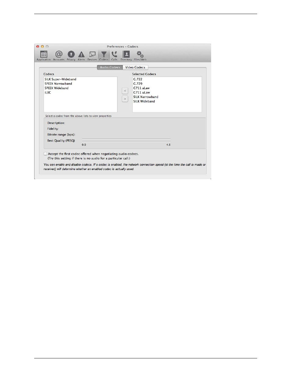 Preferences – codecs | CounterPath Bria 3.5.1 for Mac User Guide - Retail Deployments User Manual | Page 70 / 88