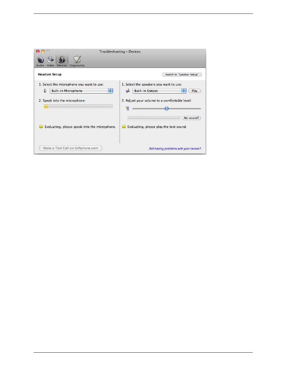 Testing audio devices | CounterPath Bria 3.5.1 for Mac User Guide - Retail Deployments User Manual | Page 79 / 88