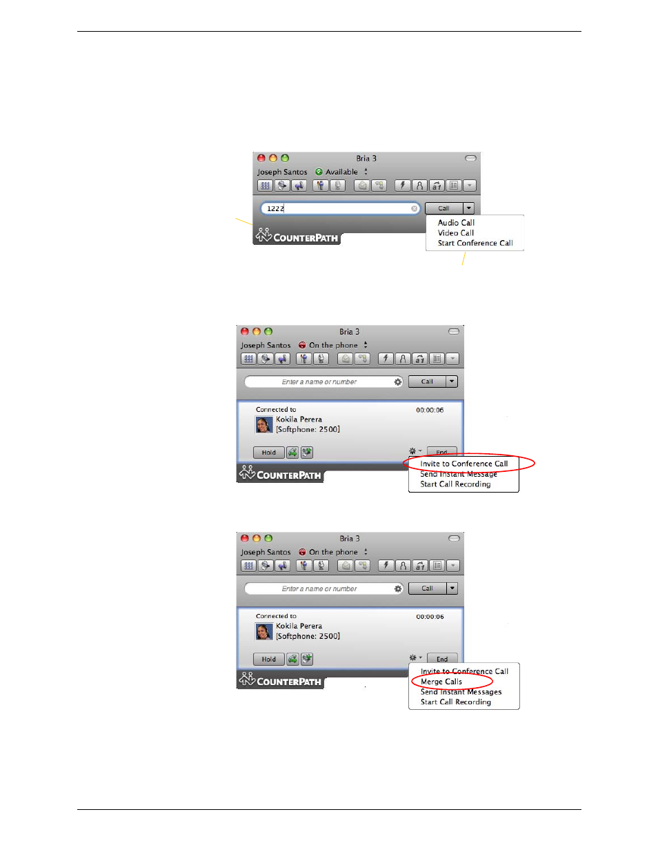 7 conference calls, Conference calls, Starting a conference call | CounterPath Bria 3.4 for Mac User Guide - Retail Deployments User Manual | Page 25 / 90