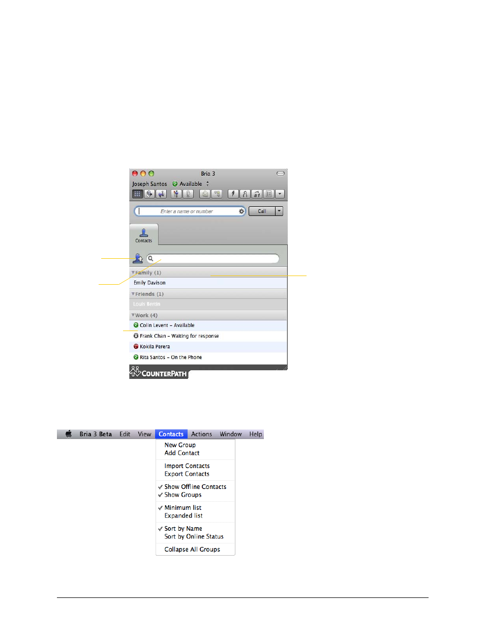 5 the contacts tab, The contacts tab, 5the contacts tab | CounterPath Bria 3.4 for Mac User Guide - Retail Deployments User Manual | Page 35 / 90