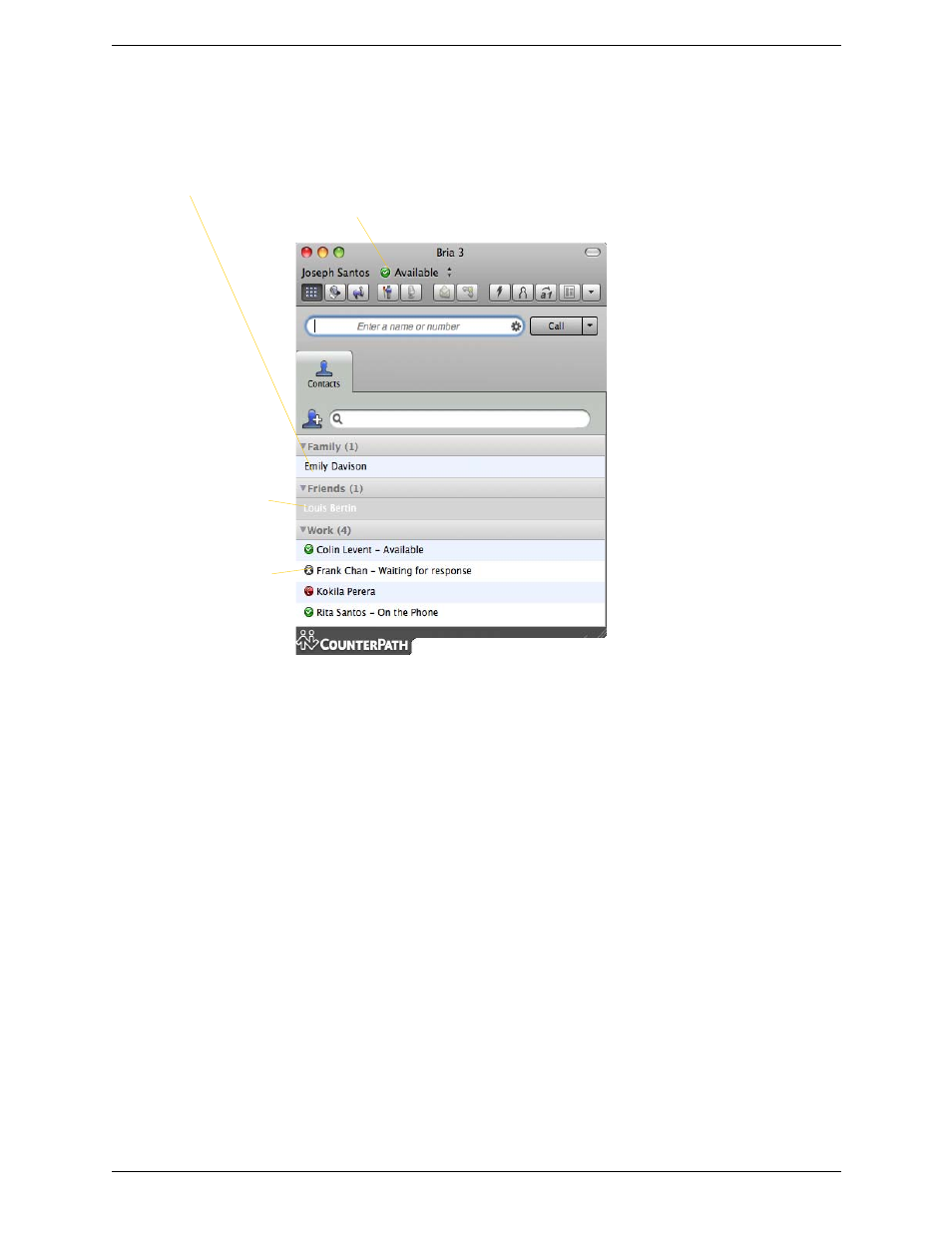 4 sharing online status, Sharing online status | CounterPath Bria 3.4 for Mac User Guide - Retail Deployments User Manual | Page 43 / 90