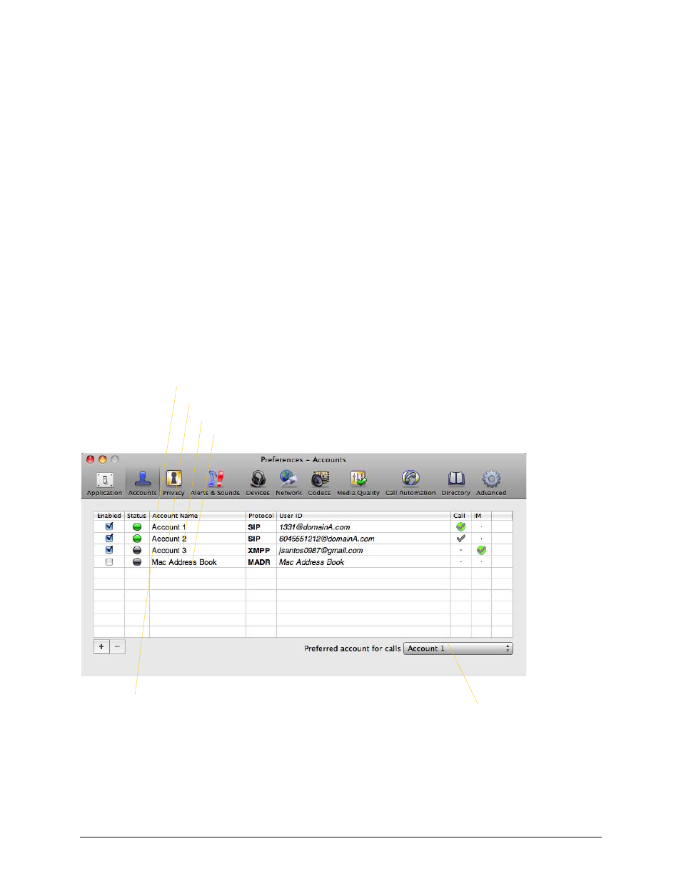 7 configuring bria, 1 configuring accounts: the accounts tab, Configuring bria | Configuring accounts: the accounts tab, 7configuring bria | CounterPath Bria 3.4 for Mac User Guide - Retail Deployments User Manual | Page 51 / 90