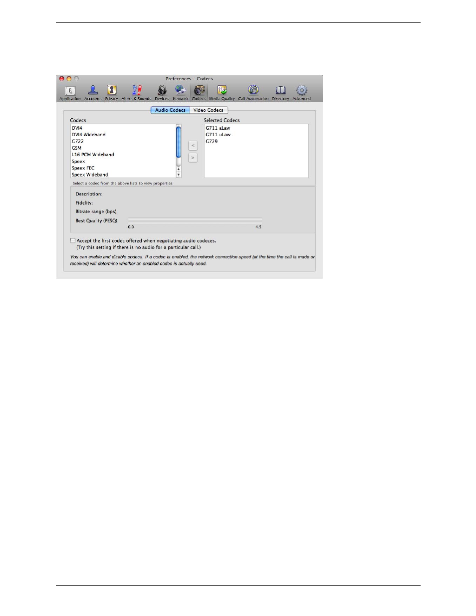 Preferences – codecs | CounterPath Bria 3.4 for Mac User Guide - Retail Deployments User Manual | Page 71 / 90
