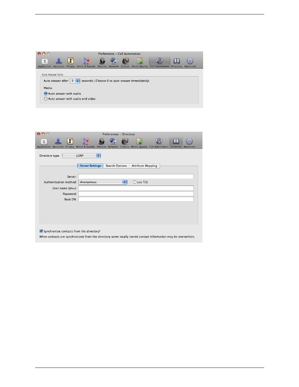 Preferences – call automation, Preferences – directory | CounterPath Bria 3.4 for Mac User Guide - Retail Deployments User Manual | Page 75 / 90