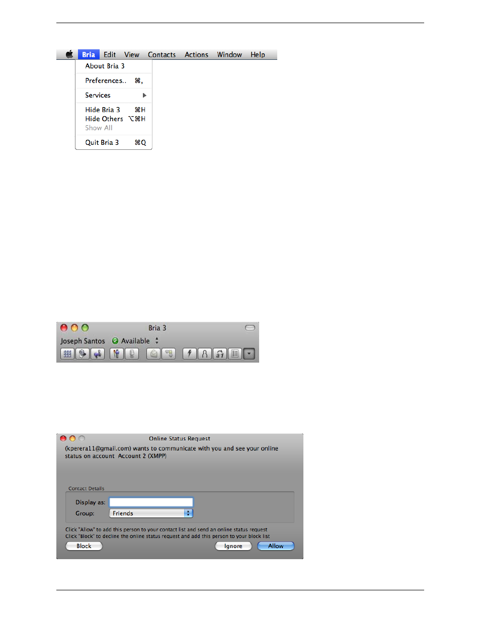 The bria menu, The bria toolbar, Receiving an online status request | CounterPath Bria 3.4 for Mac User Guide - Enterprise Deployments User Manual | Page 14 / 80