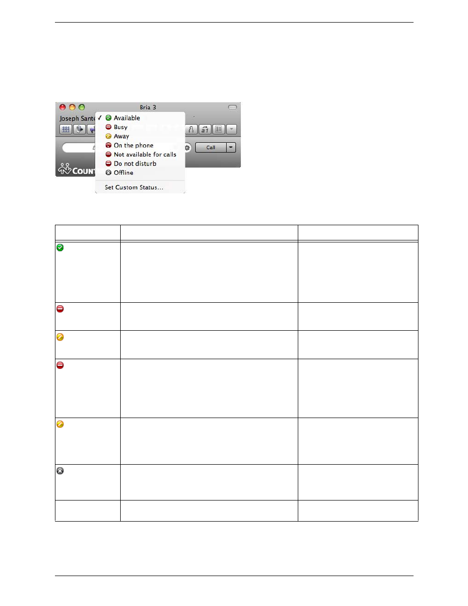Setting your online status, Changing your status, Setting up online status indicators | CounterPath Bria 3.4 for Mac User Guide - Enterprise Deployments User Manual | Page 51 / 80