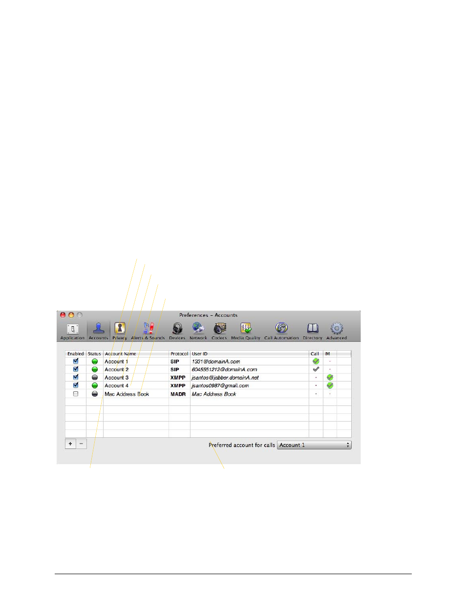 7 configuring bria, 1 configuring accounts: the accounts tab, Configuring bria | Configuring accounts: the accounts tab, 7configuring bria | CounterPath Bria 3.4 for Mac User Guide - Enterprise Deployments User Manual | Page 59 / 80