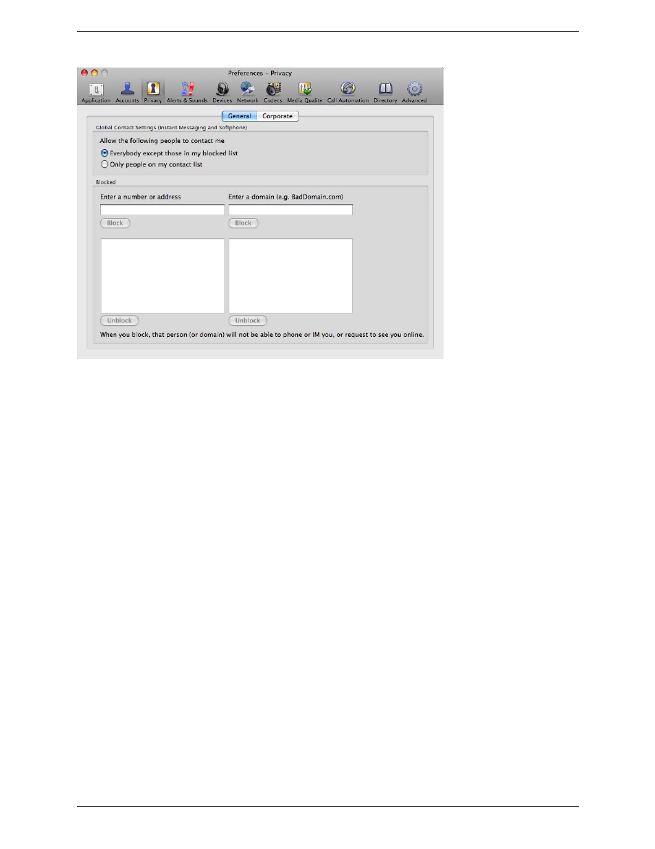 Preferences – privacy | CounterPath Bria 3.4 for Mac User Guide - Enterprise Deployments User Manual | Page 65 / 80