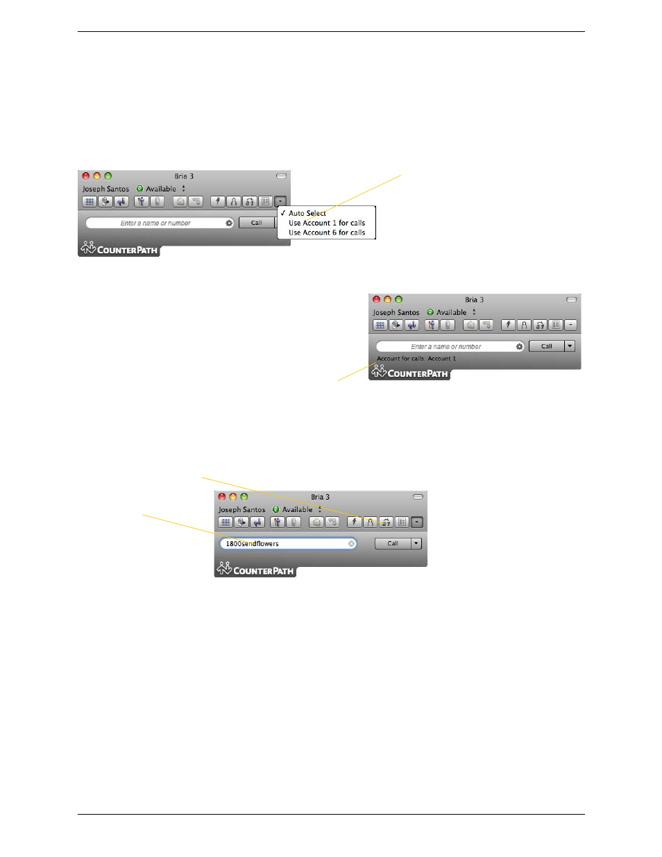 Selecting the account to use, Letters to numbers | CounterPath Bria 3.3 for Mac User Guide - Retail Deployments User Manual | Page 17 / 90