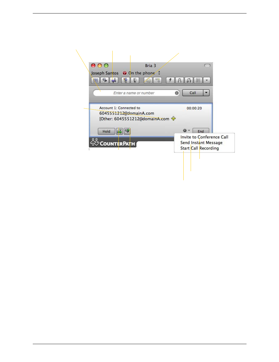 4 handling an established call, Handling an established call, Ending a call | CounterPath Bria 3.3 for Mac User Guide - Retail Deployments User Manual | Page 20 / 90
