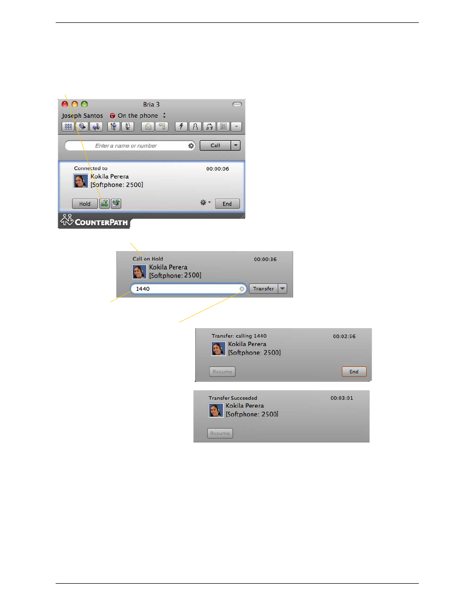 5 transfering a call, Transfering a call, Basic (unattended) transfer – transfer this call | CounterPath Bria 3.3 for Mac User Guide - Retail Deployments User Manual | Page 21 / 90
