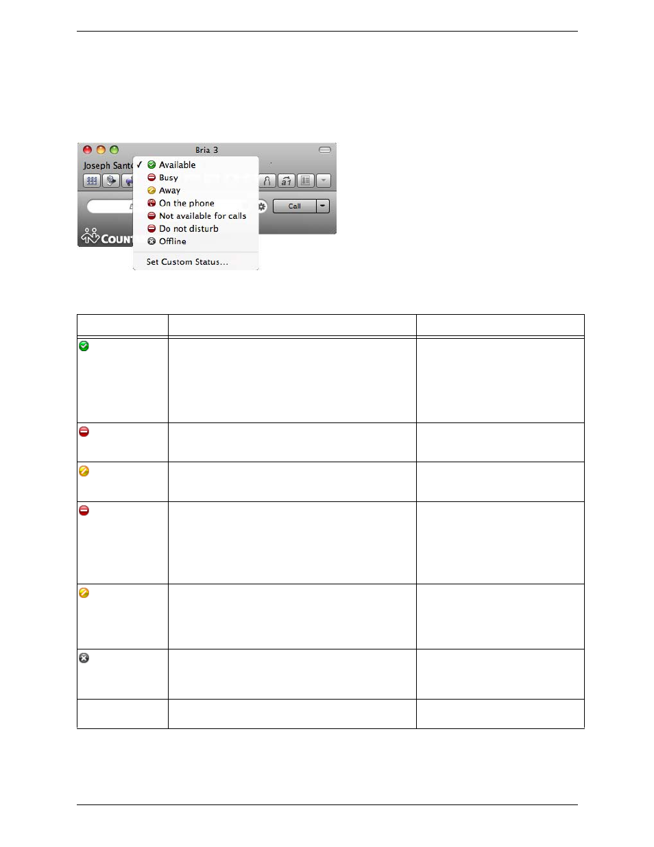 Setting your online status, Changing your status, Setting up online status indicators | CounterPath Bria 3.3 for Mac User Guide - Retail Deployments User Manual | Page 45 / 90