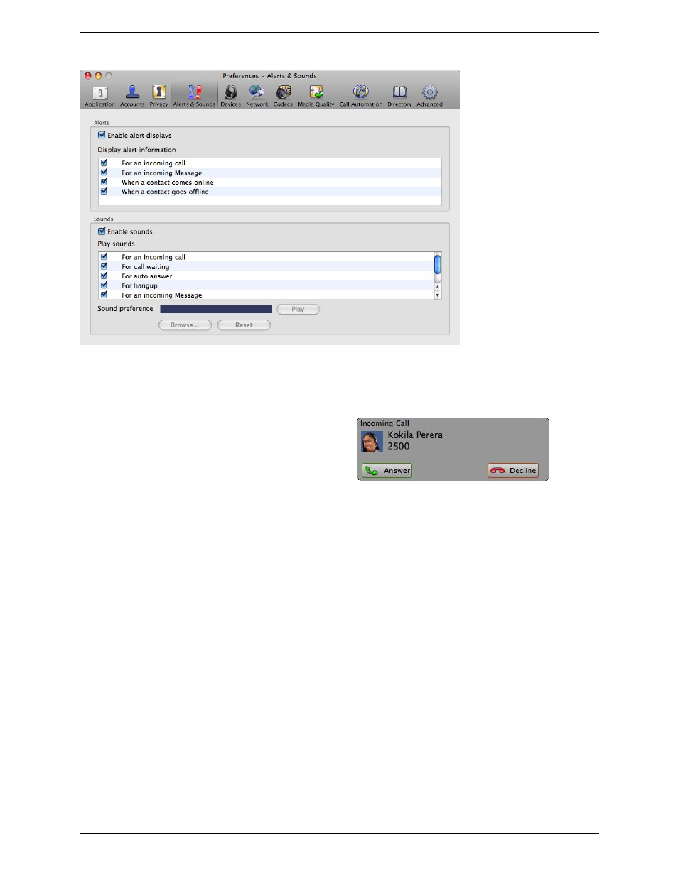 Preferences – alerts & sounds | CounterPath Bria 3.3 for Mac User Guide - Retail Deployments User Manual | Page 67 / 90