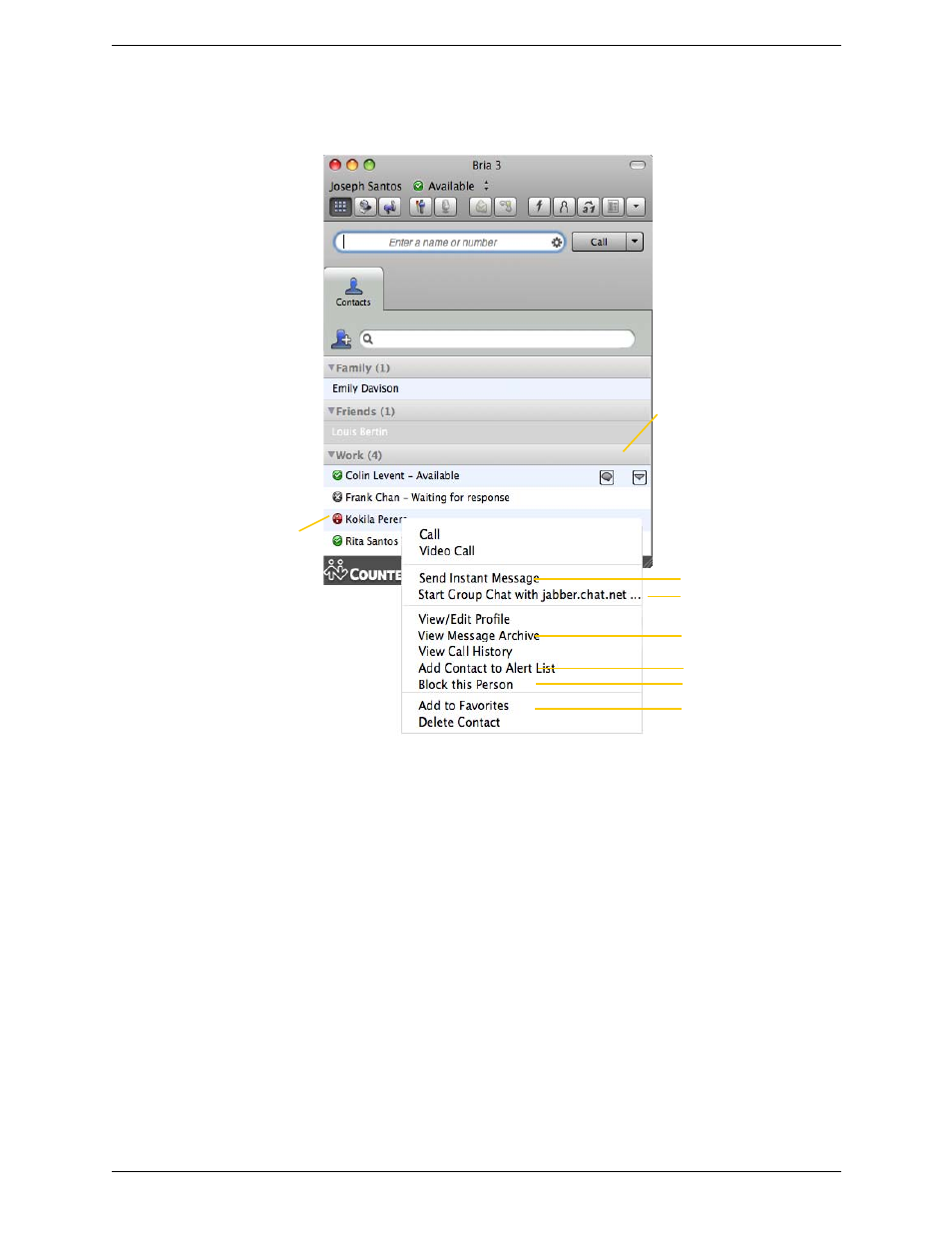 3 using contacts, Using contacts | CounterPath Bria 3.3 for Mac User Guide - Enterprise Deployments User Manual | Page 48 / 80