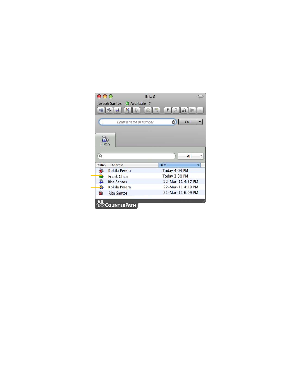 6 using other resources, 1 the history tab, Using other resources | The history tab, 6using other resources, Managing the list of calls, Phoning from history | CounterPath Bria 3.3 for Mac User Guide - Enterprise Deployments User Manual | Page 55 / 80