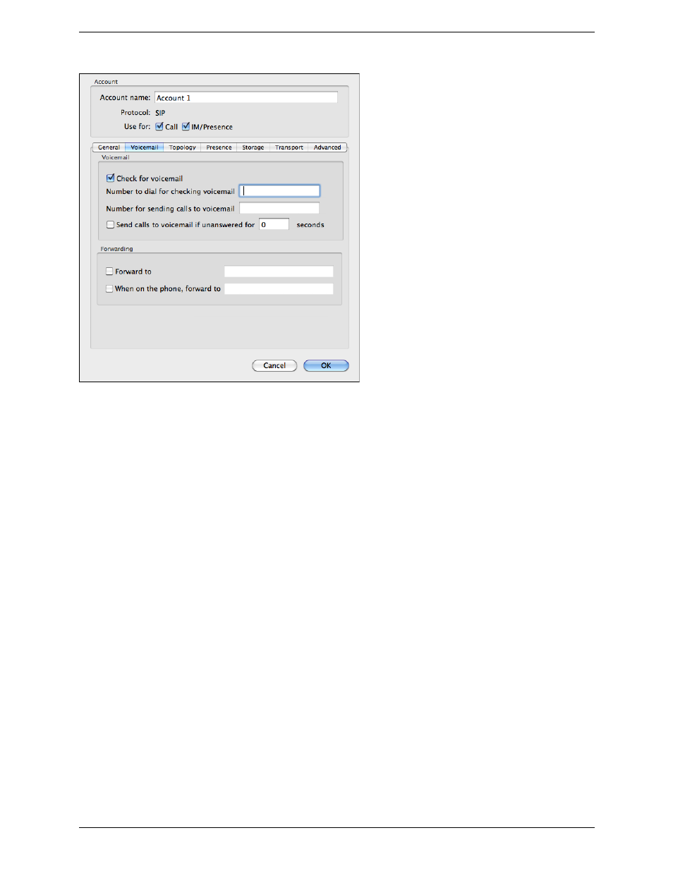 Sip account properties – voicemail | CounterPath Bria 3.3 for Mac User Guide - Enterprise Deployments User Manual | Page 61 / 80