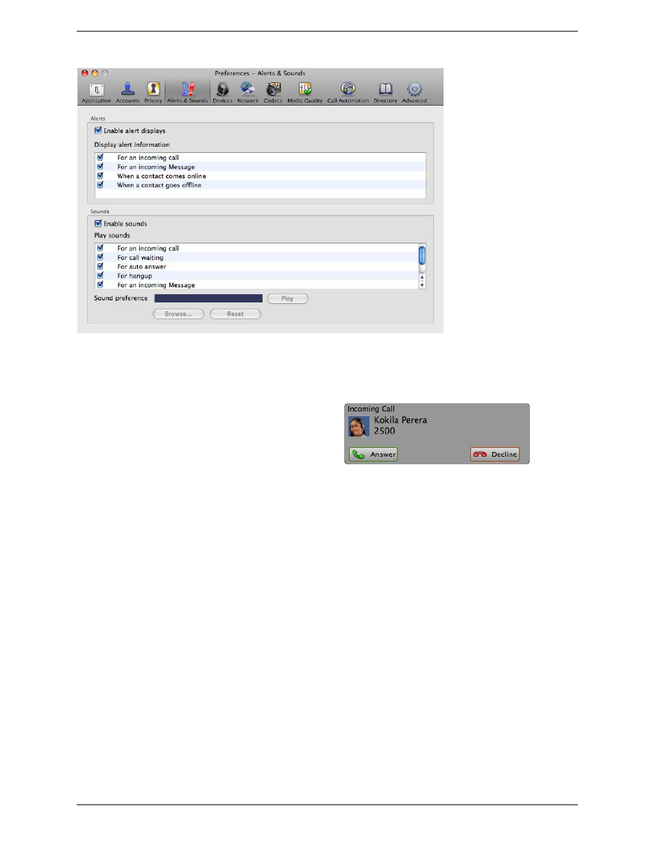 Preferences – alerts & sounds | CounterPath Bria 3.3 for Mac User Guide - Enterprise Deployments User Manual | Page 66 / 80