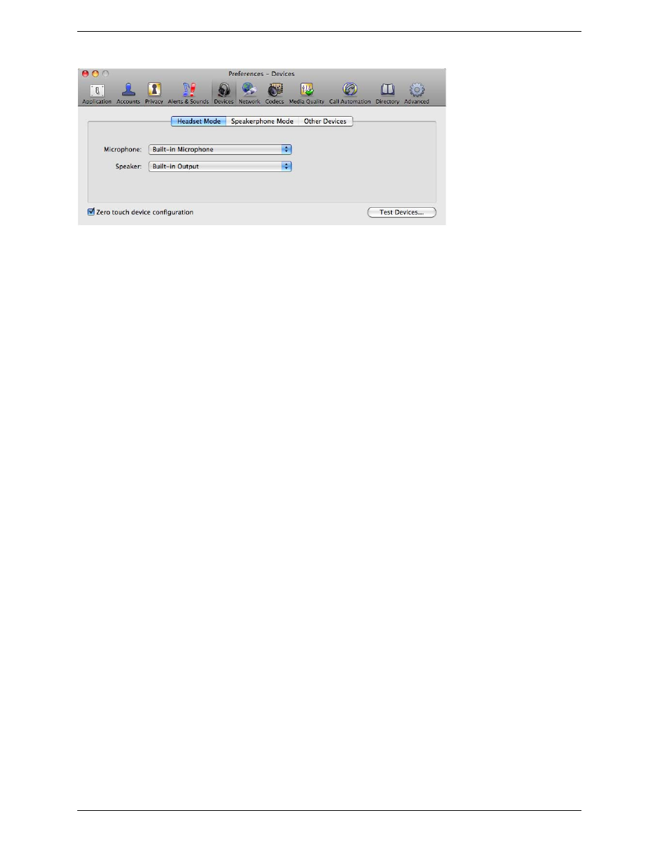 Preferences – devices | CounterPath Bria 3.3 for Mac User Guide - Enterprise Deployments User Manual | Page 67 / 80