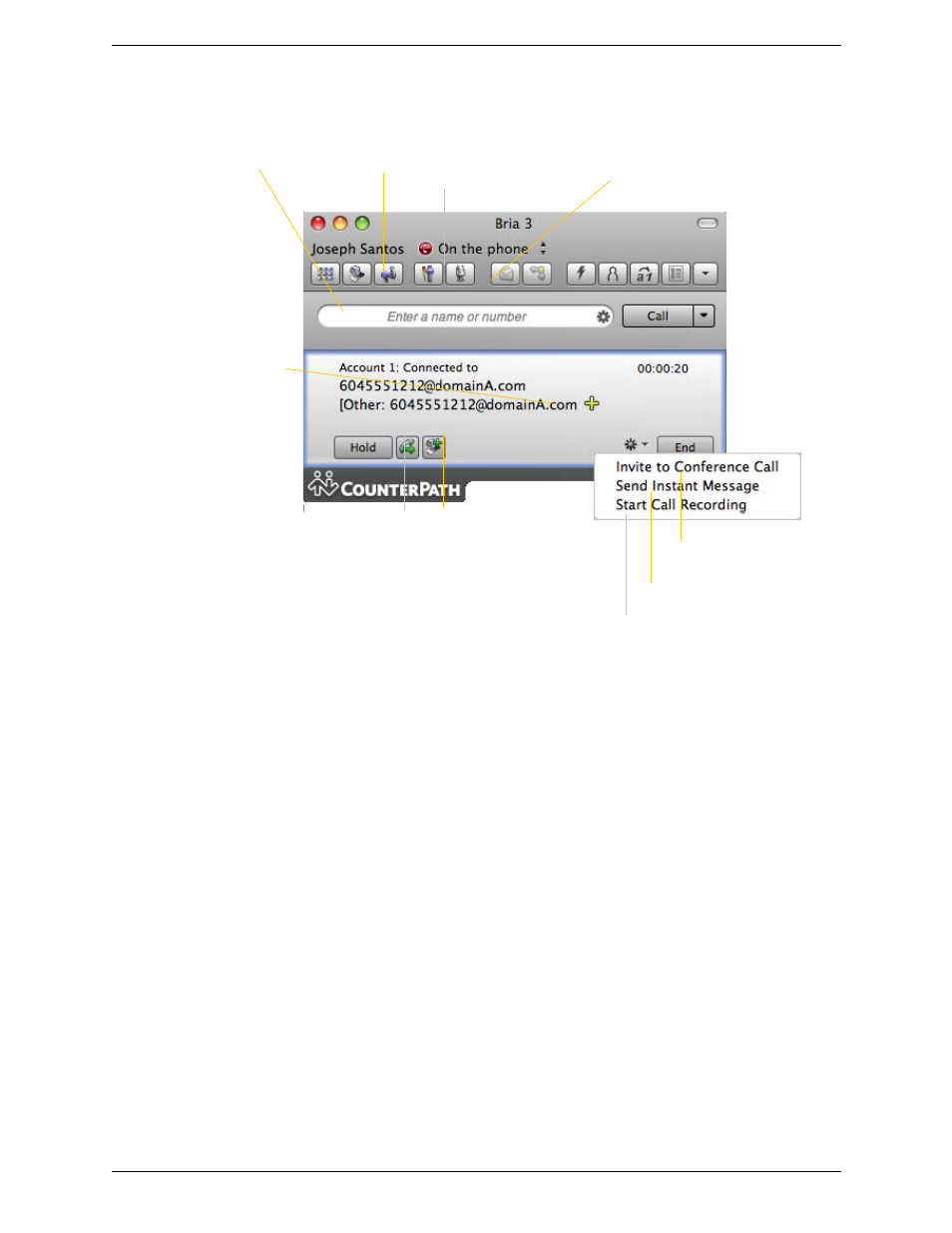 4 handling an established call, Handling an established call, Ending a call | CounterPath Bria 3.2 for Mac User Guide - Enterprise Deployments User Manual | Page 20 / 80