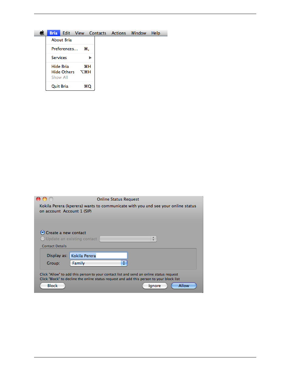 The bria menu, Receiving an online status request | CounterPath Bria 3.1 for Mac User Guide - Retail Deployments User Manual | Page 14 / 94