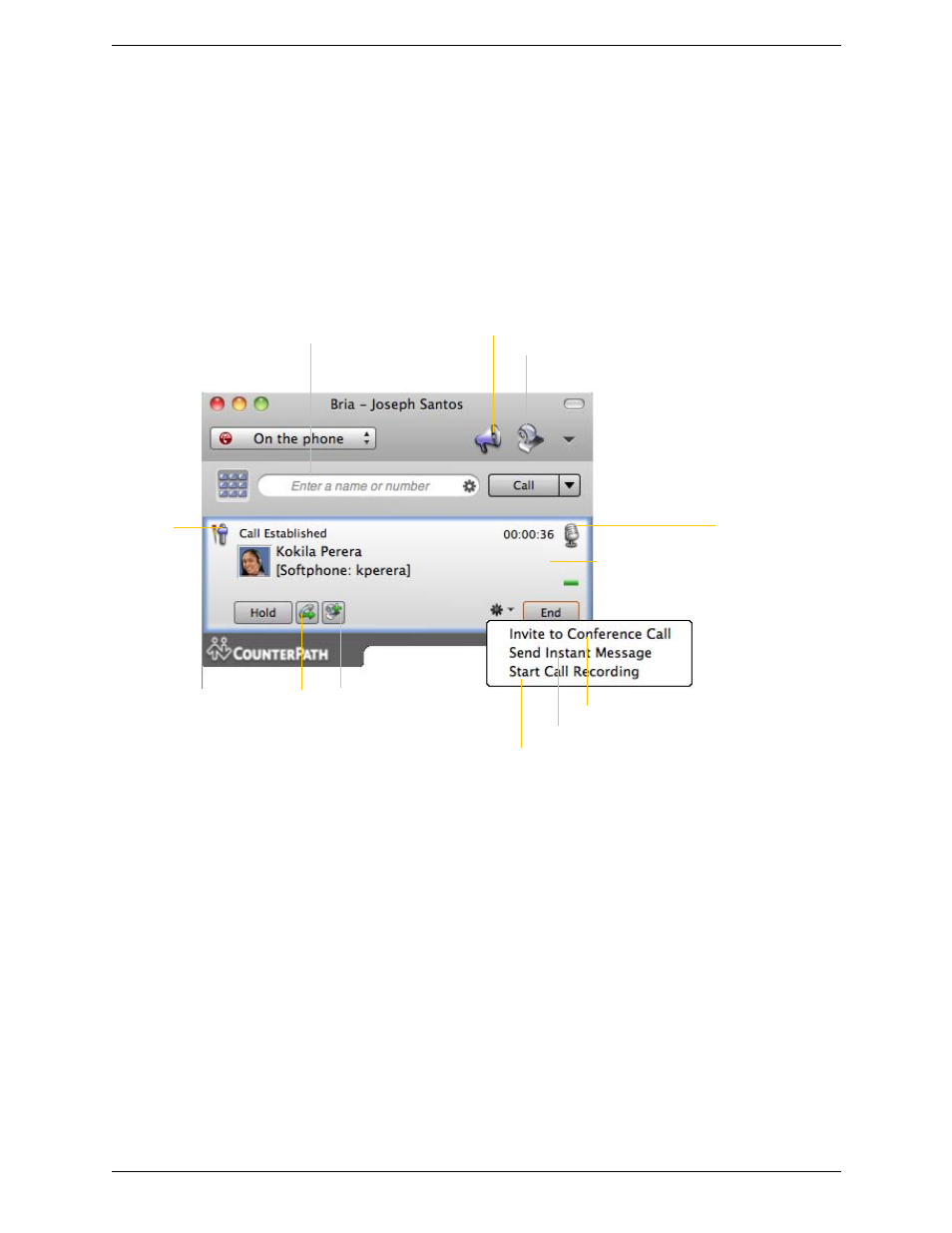 4 handling an established call, Handling an established call | CounterPath Bria 3.1 for Mac User Guide - Retail Deployments User Manual | Page 21 / 94