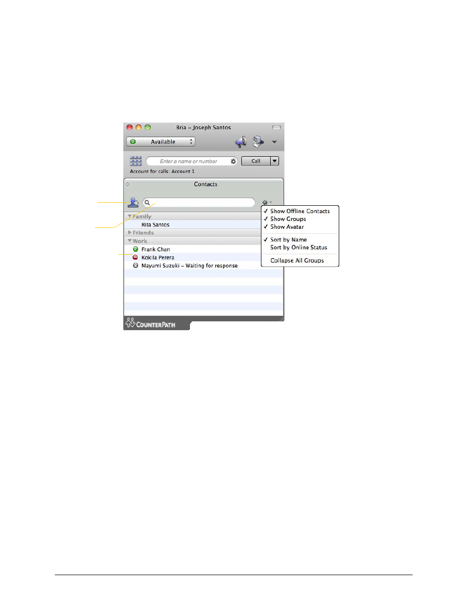 4 the contacts tab, The contacts tab, 4the contacts tab | CounterPath Bria 3.1 for Mac User Guide - Retail Deployments User Manual | Page 37 / 94