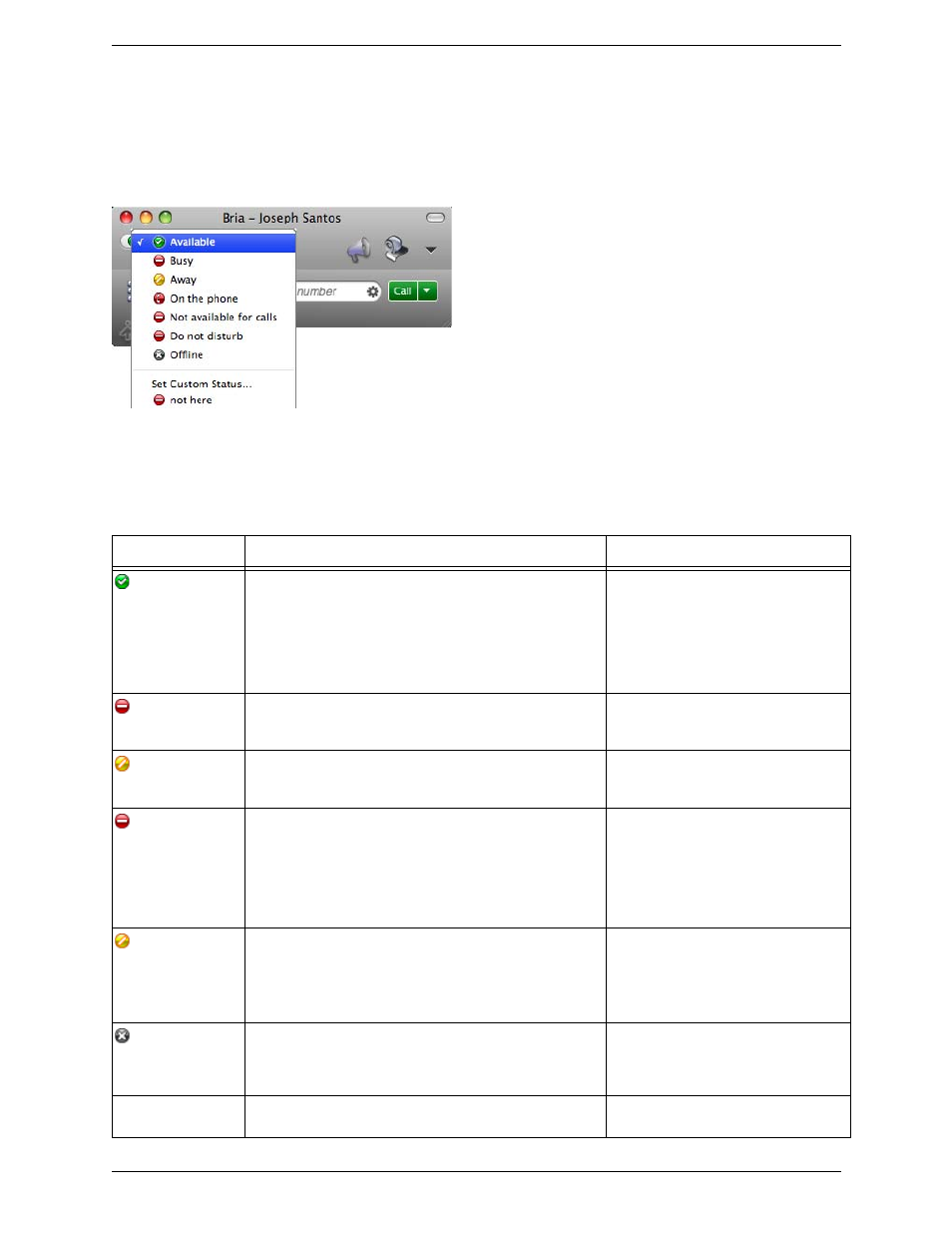 Setting your online status, Changing your status, Setting up online status indicators | CounterPath Bria 3.1 for Mac User Guide - Retail Deployments User Manual | Page 45 / 94