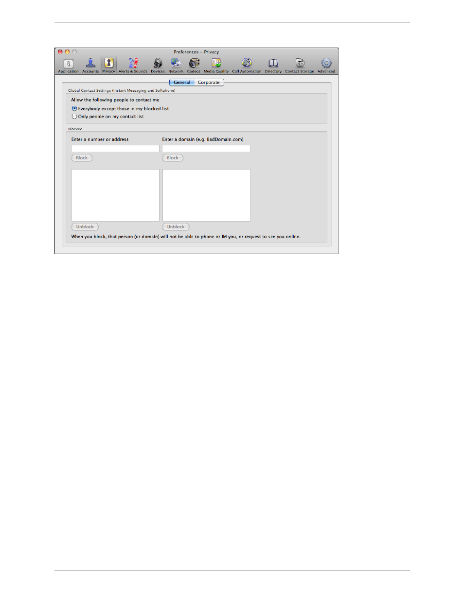 Preferences – privacy | CounterPath Bria 3.1 for Mac User Guide - Retail Deployments User Manual | Page 68 / 94
